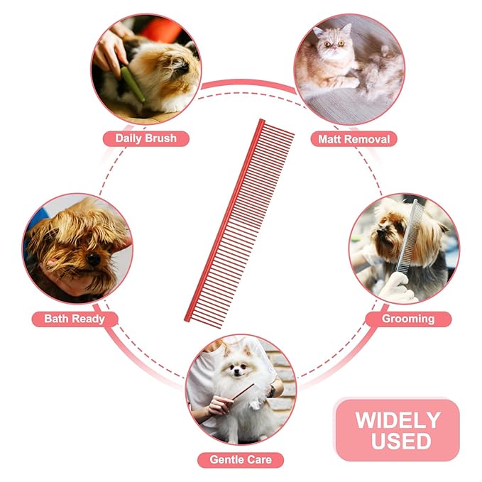 Dog Cat Comb, Pet Combs Stainless Steel Teeth with Rounded Ends for Knots Mats Loose Hair Removal, 6.5/7.5IN (Red Coated, 2 Pack), Grooming Tool Intended for Long Curly Hair Pet