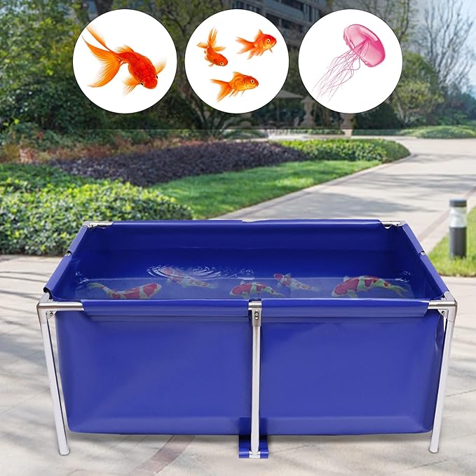 Canvas Fish Pond Foldable Water Storage with Steel Tubes & Drain Valve Blue Aquarium Pool for Koi Goldfish Tank Breeding Indoor Outdoors