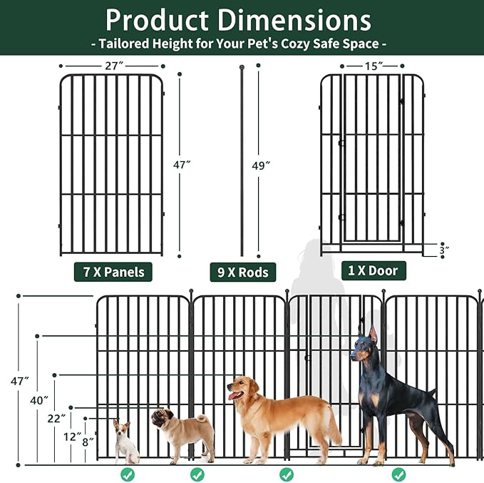 Metal Dog Playpen 47" 8 Panels for Medium Large Dogs, Indoor Outdoor Exercise Pen for Yard RV Camping, Thickened Steel Tube, Gravity Lock & Ball Head Iron Rods