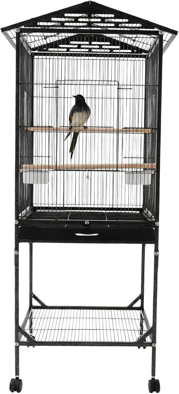 Large Heavy Duty Wrought Iron Bird Cage with Open Play Top Area & Rolling Stand, Spacious Flight Cage for Parrots, Parakeets, Cockatiels & Lovebirds (Black)