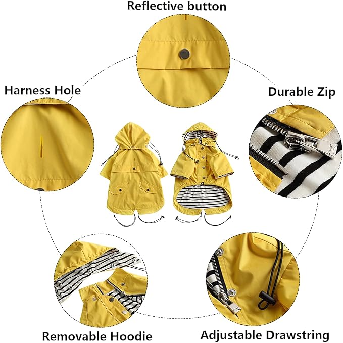 Morezi Dog Zip Up Raincoat with Reflective Buttons, Rain/Water Resistant, Adjustable Drawstring, Removable Hood, Raincoats with Legs 8lbs to 80lbs Available - Yellow - XXL