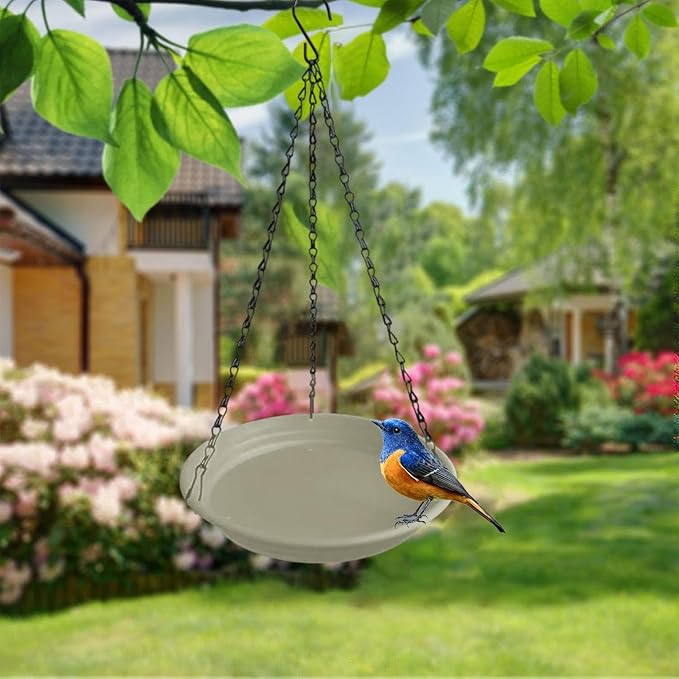 Hanging Bird Feeder and Waterer Tray Water Feeding Bowl Garden Decor with Chains Sturdy Birds Water Station for Backyard Yard, Beige