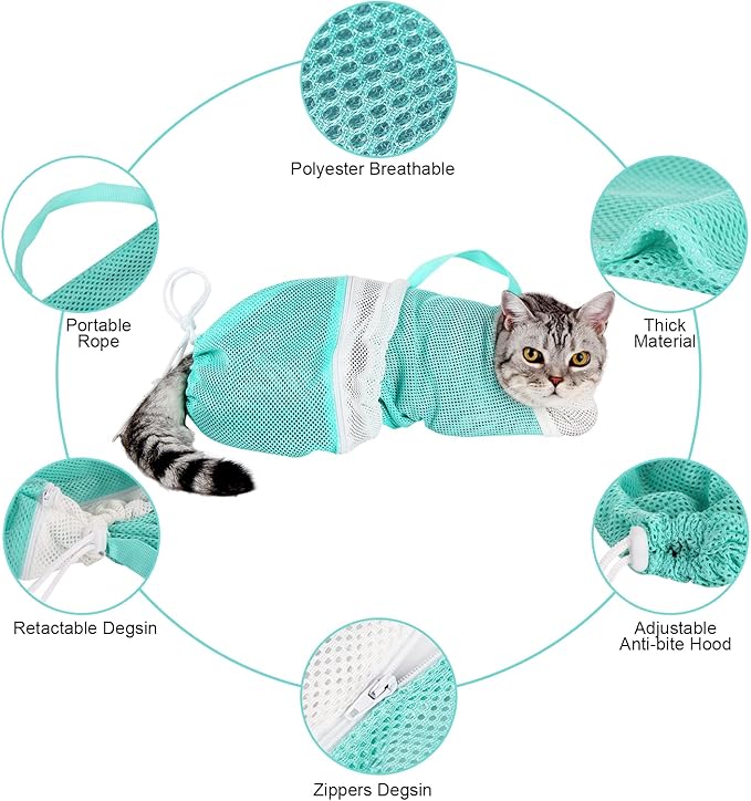 Cat Bathing Bag - Adjustable Cat Washing Net Anti-bite & Anti-Scratch Cat Shower Restraint Bag, Breathable Mesh Cat Grooming Bag for Bath, Nail Trimming & Injection