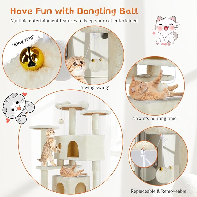 Sweetcrispy 54 Inch Cat Tree Tower, Multi-Level Tower with Cat Scratching Post, Indoor Cat Condo with Climbing Ladder, Plush Toy, Play House for Cat, Beige