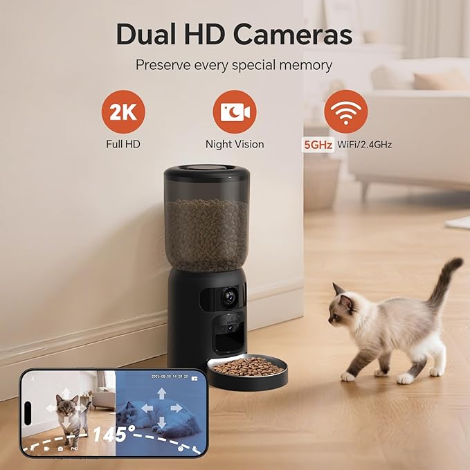 Automatic Cat Feeder with Dual 2K Camera, 5G WiFi with Night Vision, Cat Food Dispenser with App Controlled Pet Feeder, 2-Way Audio, Pet Feeder for Vacation & Work, Freshness Seal, Black