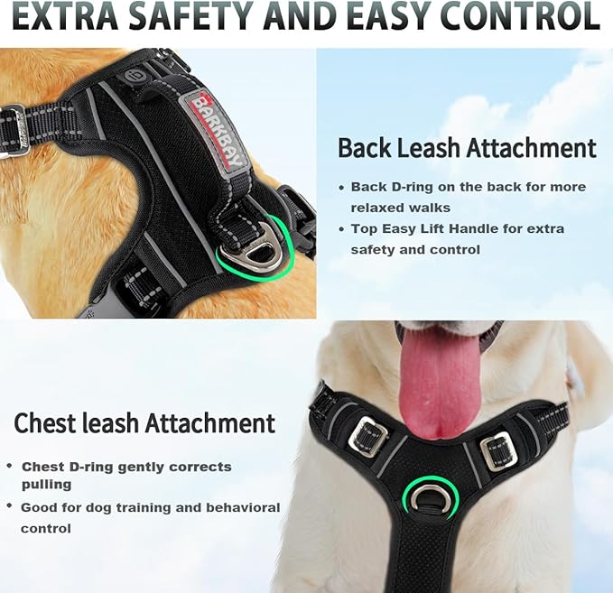 BARKBAY No Pull Dog Harness 3 Buckles Large Reflective Dog Harness with Front Clip and Easy Control Handle for Walking Training Running with ID tag Pocket(Black,S)