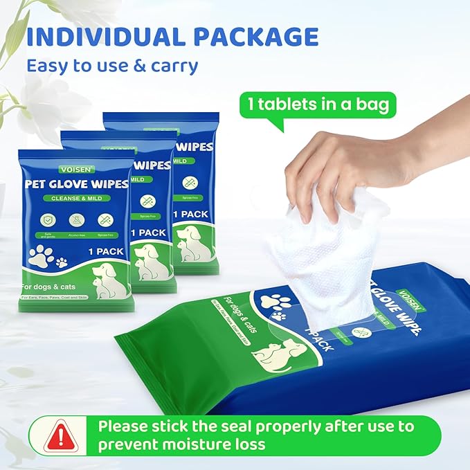 VOISEN 48 Pcs Pet Glove Wipes for Dogs and Cats, Cleaning & Deodorizing Bathing Grooming Wipes,Unscented Thick Nourish Fur Glove Wipes for Pet Dry Cleaning,Daily Care and Travel