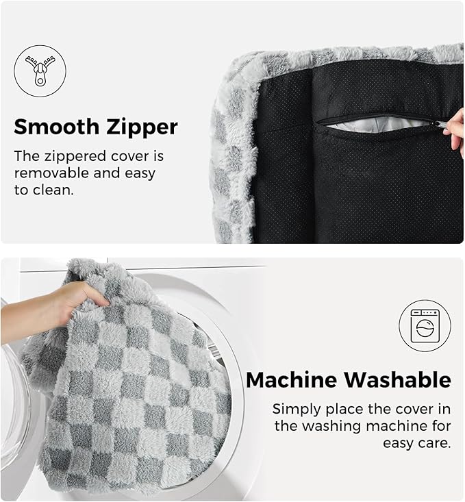 Made4Pets Cat Beds for Indoor Cats, Cat Couch Bed, Soft Faux Fur Checkered Pet Sofa, Calming Fluffy Kitten Sofa with Supportive Foam, Removable Washable Cover with Non-Slip Base, Grey, Small