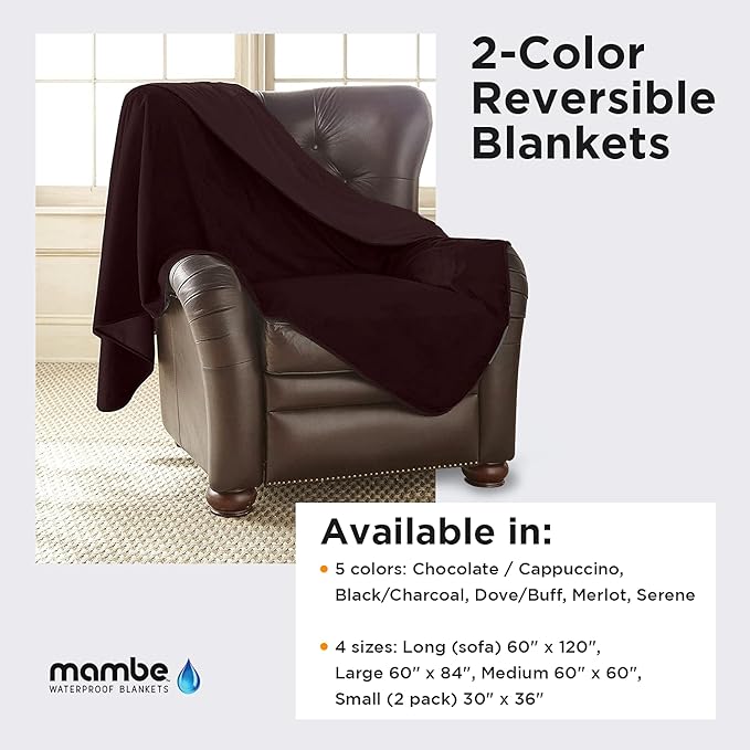 Mambe Silky Waterproof Throw for Protecting Furniture Bed Couch from Stains Caused by Dogs, Cats, Incontinence. Soft, Washable, Reversible. (Size Large 70x90 inches, Color Merlot)