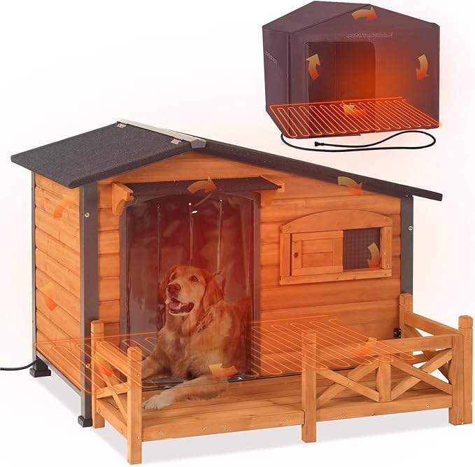 GUTINNEEN Extra Large Outdoor Heated Dog House XL Insulated Dog Kennel with Safe Heating Pad, Chew-Proof Metal Frame, 6-Sided Thermal Liner for Large Dog Breeds, 44.6" L × 41.1" D × 32.9" H