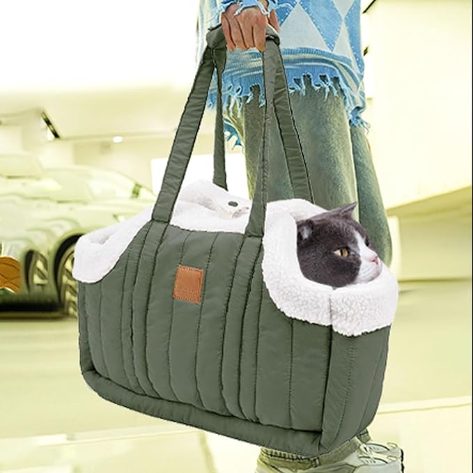 Winter Fleece Warm Dog Tote Bag, 2024 New Small Dog Carrier Purse, Waterproof Pet Travel Handbag, Carrier Purse with Secure Harness Clip for Shopping, Hiking and Walking (Green)