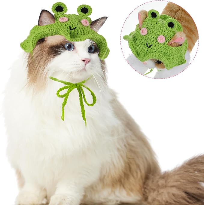 Frog Cat Hat, Cotton & Soft Cute Knitted Cat Hat Birthday Party Christmas Puppy Hats for Small Pets (Green, M)