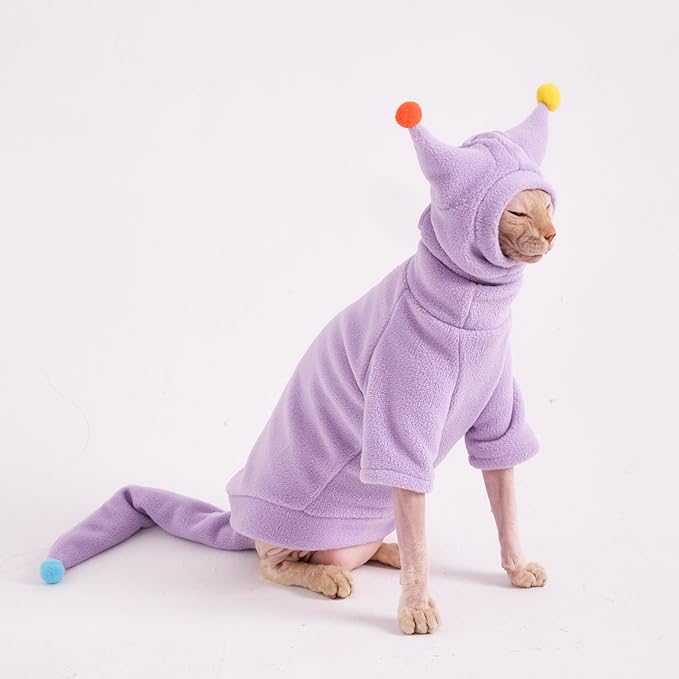 Sphynx Cat Clothes, Warm Cat Jumpsuit with Hat and Tail Cover, Full Set for Hairless Cats, Cornish Rex and Devon Rex (Purple, XXL(10-11lbs))