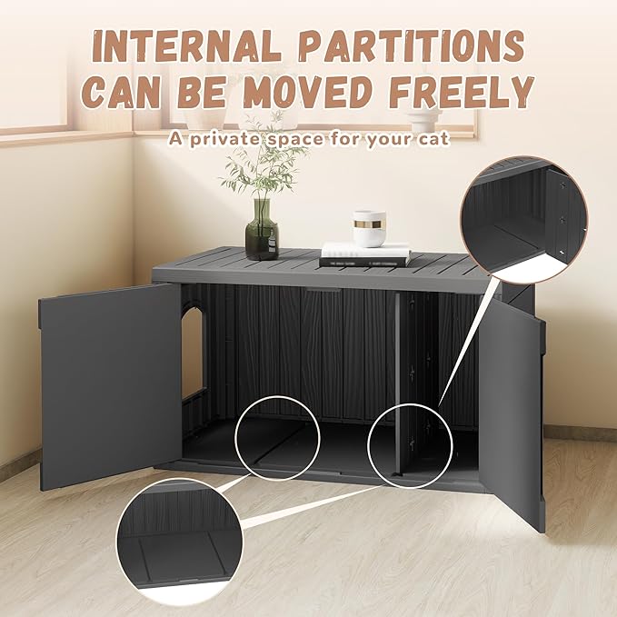 Hidden Cat Litter Box, Cat Litter Box Enclosure Furniture with Double Door, Indoor Outdoor Cat House, Adjustable Partition & Side End Table Design, Easy to Clean & Assemble(Black)