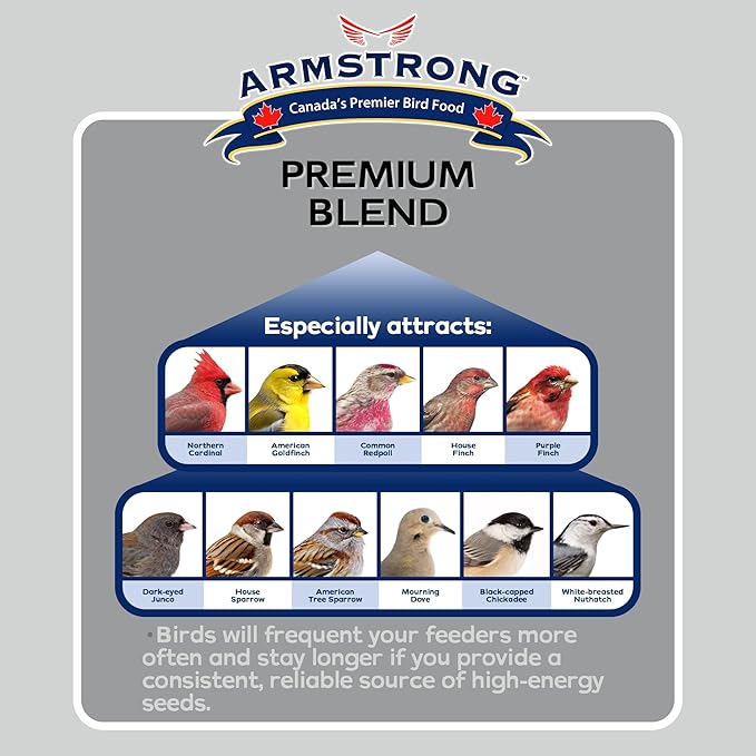 Armstrong Wild Bird Food Premium Blend, 14.3 Pounds - with White Millet, Black Oil Sunflower, Wheat, Peanuts, Striped Sunflower and Safflower for Northern Cardinals and Black-Capped Chickadees