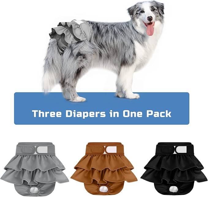 Reusable Dog Diapers, 3 Pack, Washable, Highly Absorbent, Flexible, Leak-Proof, for Dog Period, Heat Incontinence, Potty Training