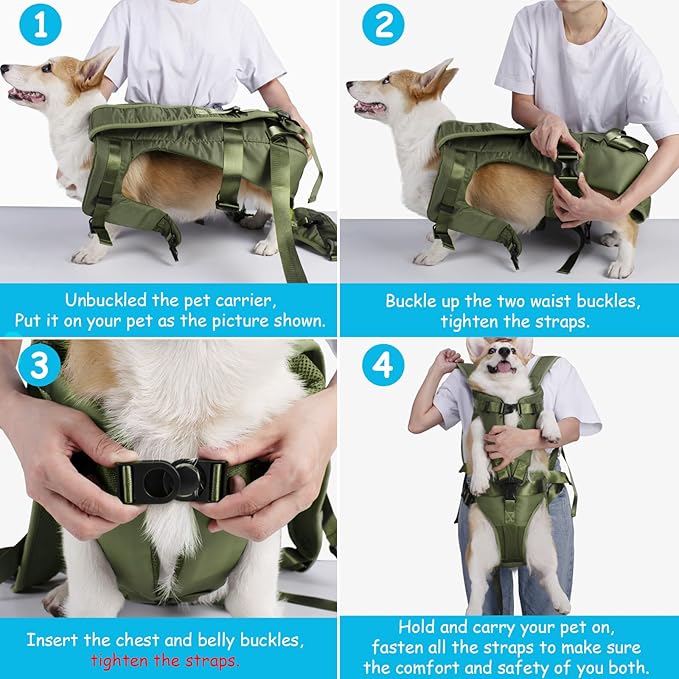 PetBonus Pet Front Dog Carrier Backpacks, Adjustable Pet Backpack, Legs Out Easy-fit Puppy Chest Carrier for Medium Small Dogs, Hands Free for Hiking, Cycling (Army Green, XL)