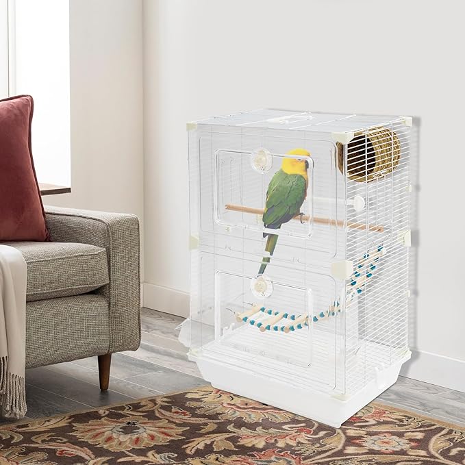Two-Tier Bird Cage, 30 Inch Pigeons Parrot Birdcage with Safe Rotary Door Lock, White Parakeet Cage for Small to Medium Birds, Easy Access Double Doors. (E)
