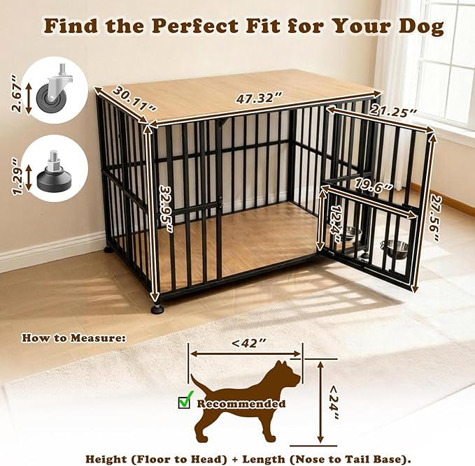 48" Dog Crate Furniture Foldable, Large Dog Kennel Furniture with Swing-Out Bowl & Dual Base Sets (Feet+Wheel), No Assembly Foldable Dog Crate Furniture, End Table for Large Dogs, Warm Gray