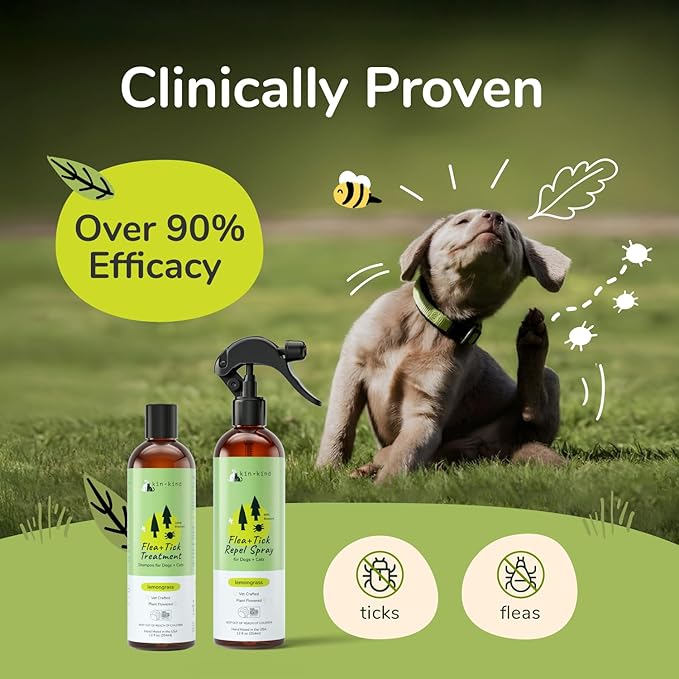 kin+kind Cat & Dog Shampoo Flea and Tick Vet Formulated - Natural Flea and Tick Prevention for Dogs - Plant Powered Shampoo w/Coconut & Olive Oil - Pet Supplies - Lemon Grass - Made in USA 12 fl oz