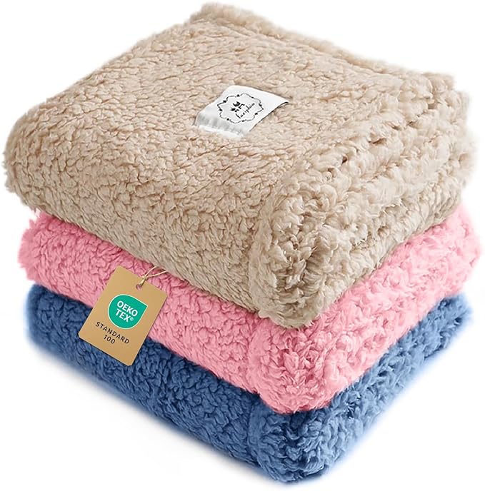 Luciphia 1 Pack 3 Calming Dog Blanket Fluffy Premium Fleece Pet Blankets Soft Sherpa Throw for Dogs Puppy Cat Beige/Pink/HazeBlue Small (23" x16")