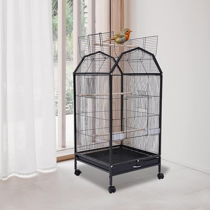 Parakeet Bird Cage 36.9 Inch Wrought Iron Flight Bird Cage Pet Bird Flight Cages with 4 Universal Wheels 3 Standing Poles Rolling Stand Bird Playground