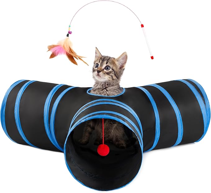 Love’s Cabin Cat Tunnel for Indoor Cats, 3-Way Collapsible Play Tunnel with Teaser Wand, Peek Holes & Toy Ball, Small Pet Toy for Kittens & Rabbits, Black & Royal Blue, Small Size