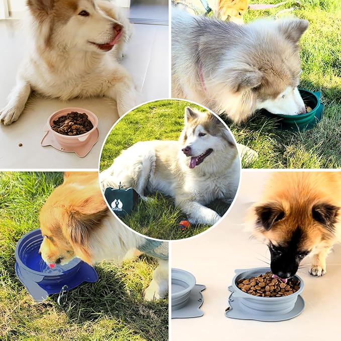 RUNROLE 2-in-1 Collapsible Silicone Dog Travel Bowls, Slot Together and Use Separately, Portable Pet Food Water Bowls, Foldable Cat Feeding Watering Dishes, 20OZ+27OZ(Cool Grey)