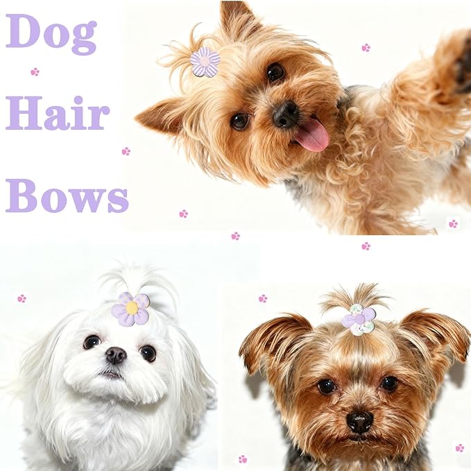 20 Pcs Handmade Cute Puppy Hair Bows, Flower Bowknot with Rubber Bands for Small Dog Hair Ties Accessories Sweet Purple