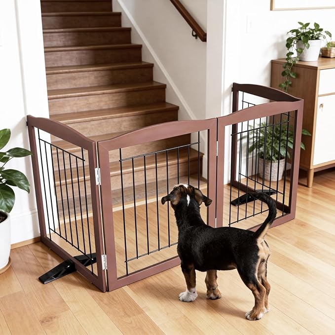 ZJSF Freestanding Dog Fence Indoor, Foldable Dog Gate for Doorways, Stairs or Hallways, Sturdy Wood Extra Wide Pet Gate with Support Feet for The House, Brown, 24 "Height-3 Panels