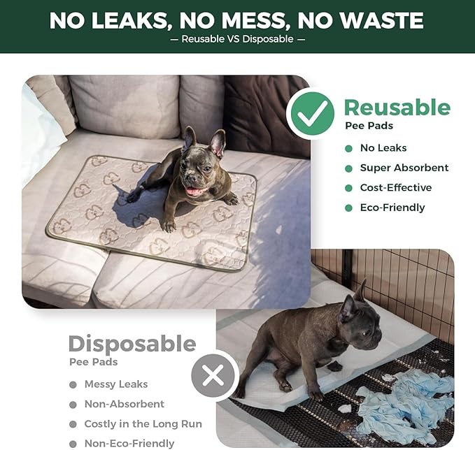 FXW Washable Pee Pads for Dogs, Puppy Pads with Super Absorbent, Specifically Designed for 30inch Cages, 18" x 29" Rectangle, Khaki, 2 Packs