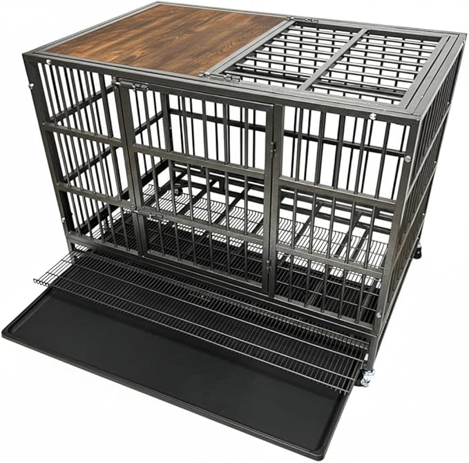 38 Inch Heavy Duty Funiture Dog Crate with Wheels, Indestructible and Escape Proof Wooden Kennel Indoor for High Anxiety Dogs with Sturdy Locks, Double Door and Tray, Extra Large XL XXL