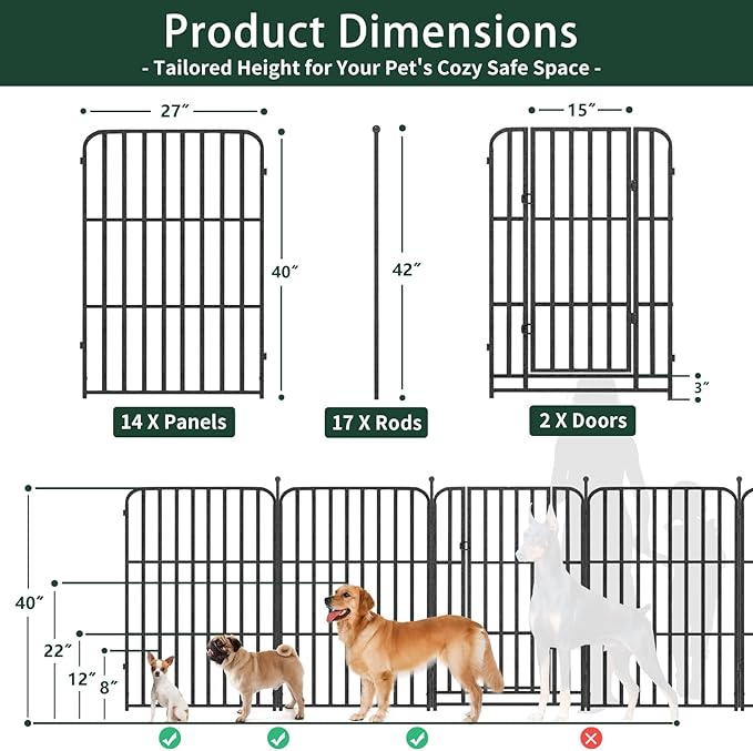 Metal Dog Playpen 40" 16 Panels with 2 Doors for Medium Large Dogs, Indoor Outdoor Exercise Pen for Yard RV Camping, Thickened Steel Tube, Gravity Lock & Ball Head Iron Rods