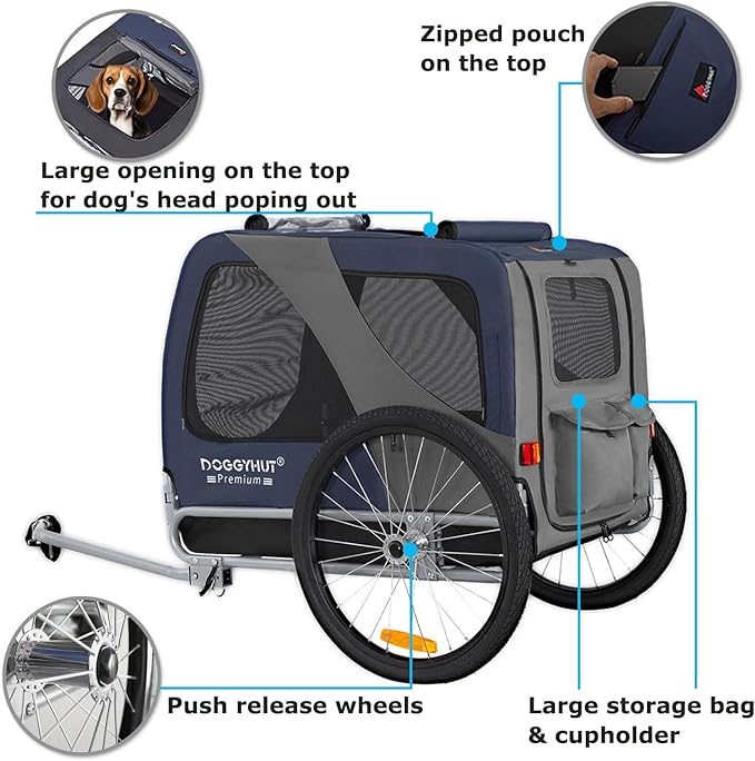 DOGGYHUT® Premium Large Pet Bike Trailer for Medium or Large Dog, Up to 78 lbs,Dog Bicycle Carrier,Low Center of Gravity,Easy Folding Frame