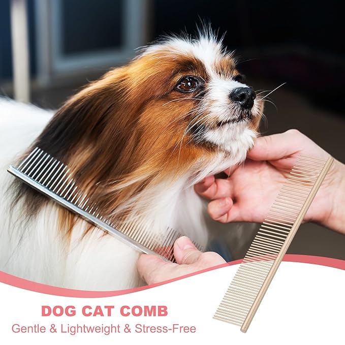 Dog Cat Comb, Pet Combs Stainless Steel Teeth with Rounded Ends for Knots Mats Loose Hair Removal, 7.5IN (Gold Coated, 3 Pack), Grooming Tool Intended for Long Curly Hair Pet