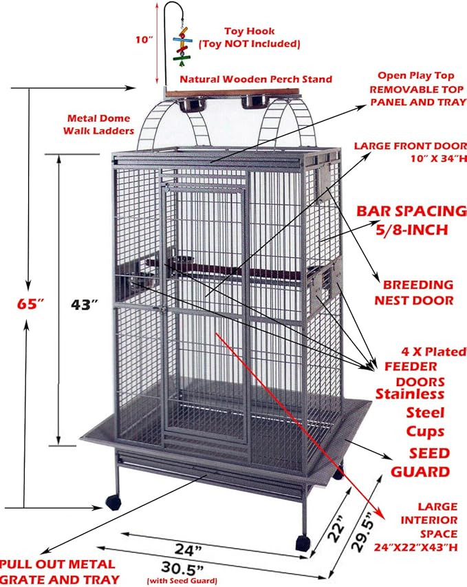 Large Elegant and Durable Play Top Bird Cage Parrot Finch Macaw Cockatoo Bird Wrought Iron Cage (Black Vein)