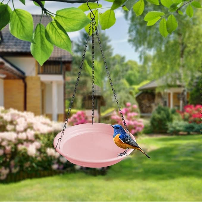 Hanging Bird Feeder and Waterer Tray Water Feeding Bowl Garden Decor with Chains Sturdy Birds Water Station for Backyard Yard, Pink