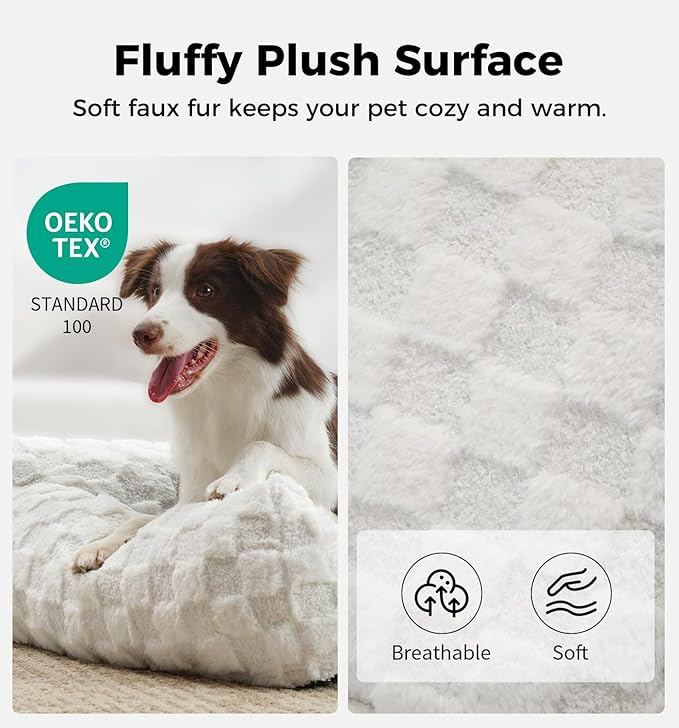 Made4Pets Cat Beds for Indoor Cats, Cat Couch Bed, Soft Faux Fur Checkered Pet Sofa, Calming Fluffy Kitten Sofa with Supportive Foam, Removable Washable Cover with Non-Slip Base, White, Small