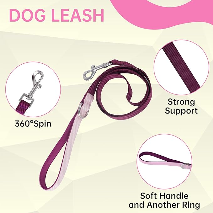 No Pull Dog Harness Leash and Collar Set, Soft Adjustable Dogs Vest Reflective and Comfortable Handle Pink Large