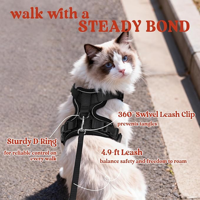 rabbitgoo Cat Harness and Leash for Walking, Escape Proof Soft Adjustable Vest Harnesses for Cats, Easy Control Breathable Reflective Strips Jacket, Black, XS