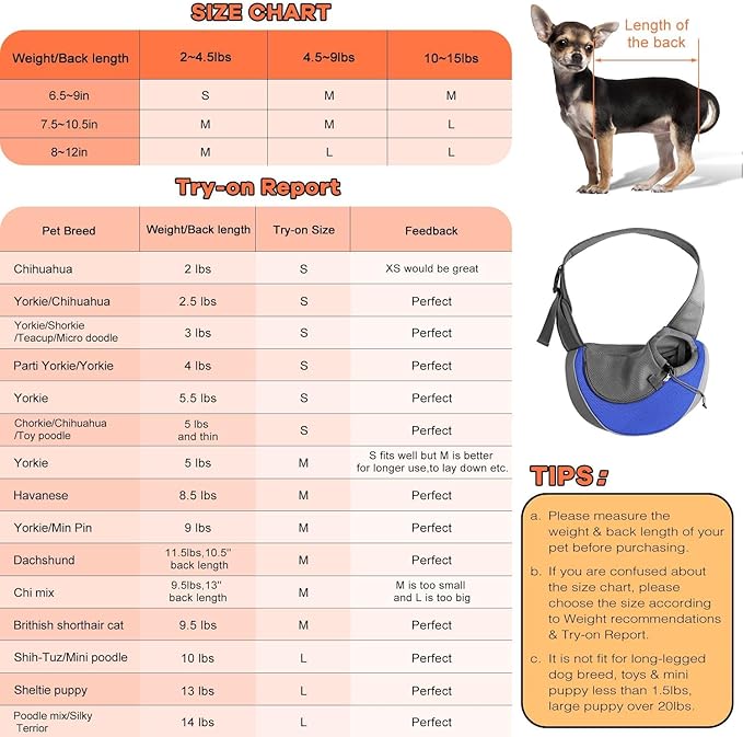 YUDODO Pet Sling Carrier for 2-5 lbs Small Dogs & Cats – Hands-Free Puppy Carrier with Safety Hook, Large Zipper Pocket, Soft Breathable Mesh, Adjustable Strap & Reflective Strip (Blue 1.0 S)