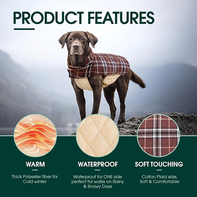 Kuoser Warm Dog Coat, Waterproof Dog Jacket for Extra Large Dogs, Adjustable Durable XL Doggie Winter Coat Reversible Cozy Puppy Cold Weather Apparel from Small to Large Breed, Brown XL
