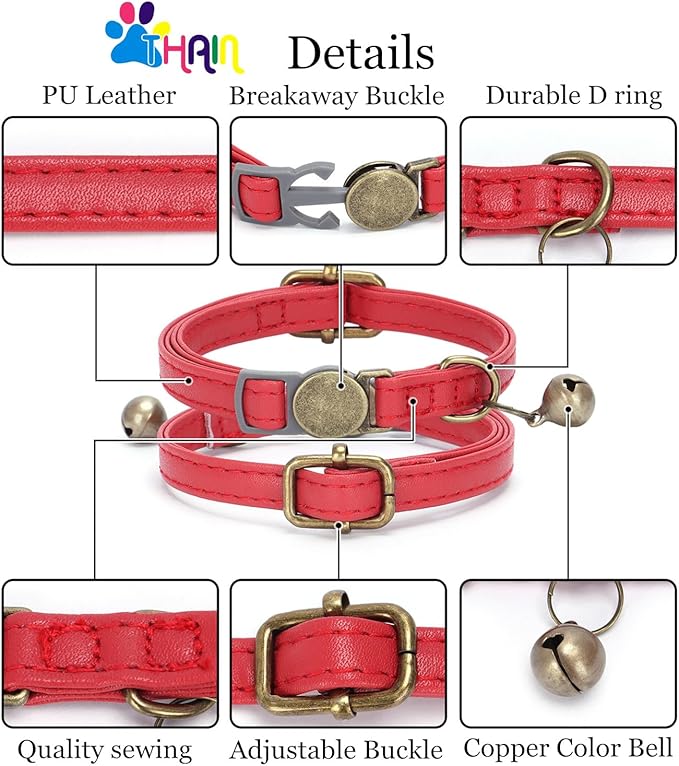 THAIN Leather Cat Collar with Bell Breakaway- Adjustable, Durable, Retro Bell fit Most Cats and Kittens (Brown)