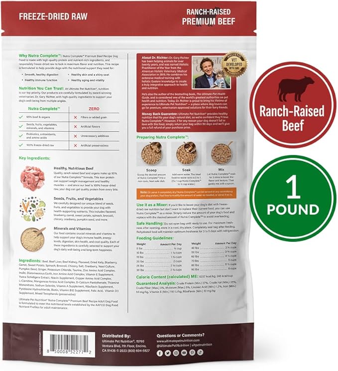 ULTIMATE PET NUTRITION Nutra Complete, 100% Freeze Dried Raw Veterinarian Formulated Dog Food with Antioxidants Prebiotics and Amino Acids (1 Pound, Beef)