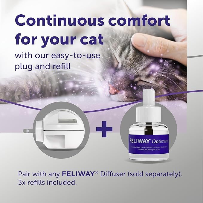 FELIWAY Optimum 3 x 30 Day Cat Calming Refills for Pheromone Diffuser, 3 x 48ml Value Pack - Helps Reduce Common Signs of Stress in Cats & Kittens, Enhanced Calming