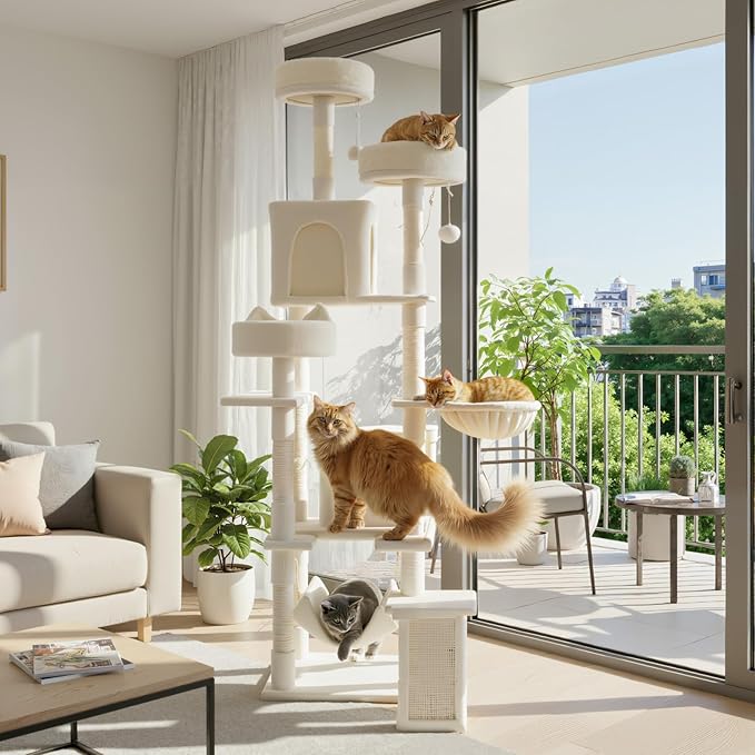 DUMOS Tall Cat Tree 75 Inch, Large Multi-Level Cat Tree Tower with Condo, Perches, Sisal Scratching Posts Board and Hammock, Pet Play House with Dangling Balls for Indoor Cats, Beige