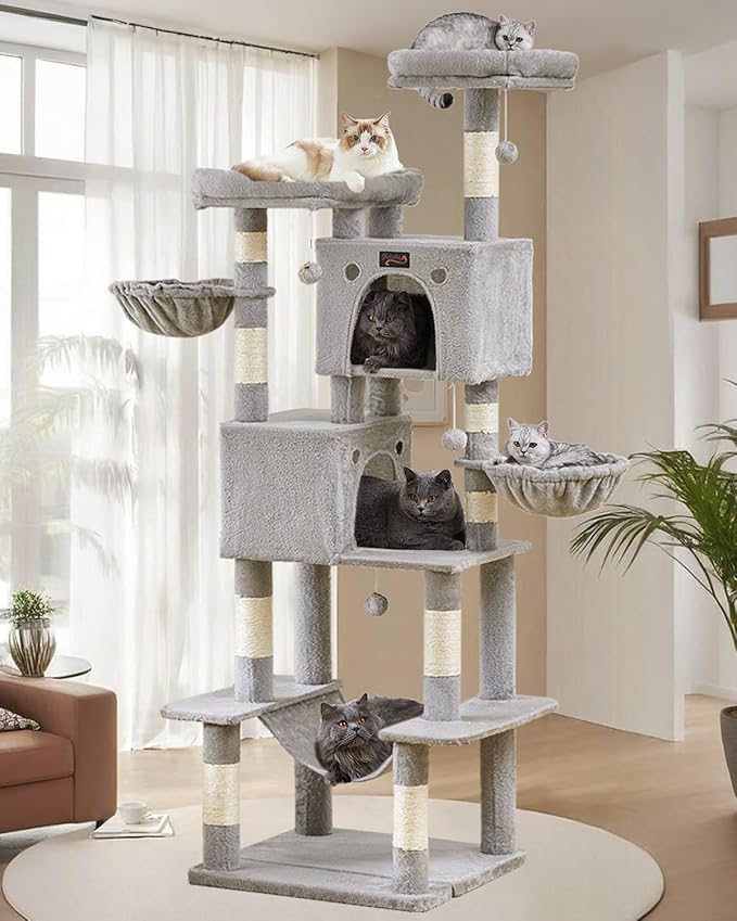 Large Cat Tree Tower for Indoor Cats Adult, 74.8 Inch Tall Multi-Level Kitty Condo with Scratching Posts, Perch, Hammock, Plush Bed for Big Cats, Modern Cat Furniture Heavy Duty (Light Grey)