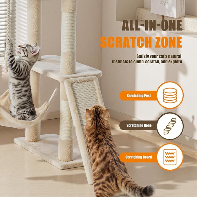 DUMOS Large 63in Cat Tree Tower, Multi Level Cat Climbing Tower with Condo, Natural Sisal Scratching Posts, Extended Platform, Hammock, Pet House for Indoor Cats and Kittens Play, Beige