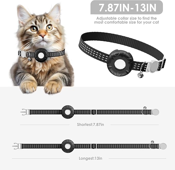 Cat Tracker, Cat Tracker Collar with Safety Elastic Buckle, Works with Any Collar,Compatible with Apple Find My App (Only iOS), No Monthly Fee, Waterproof, Black
