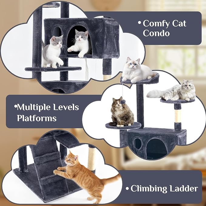 Sweetcrispy 70 Inch Cat Tree Tower, Multi-Level with Cat Scratching Post, Indoor Cat Condo with Climbing Ladder, Plush Toy, Play House for Cat, Dark Grey
